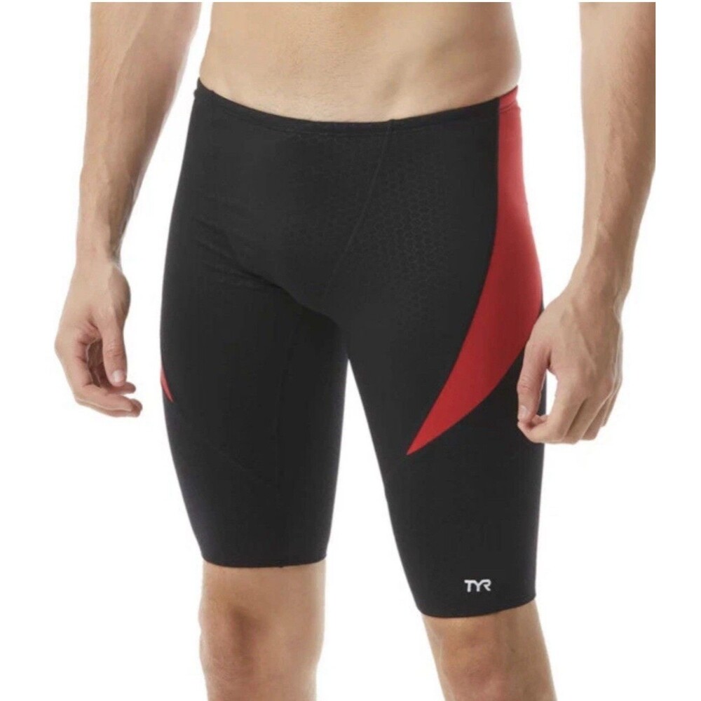 Size 36 TYR Men's Hexa Curve Splice Jammer Swimsuit- Black Red New With Tags $50
